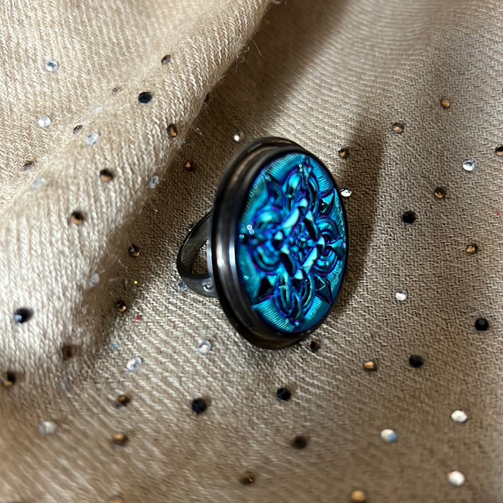 Amy Kahn Russel Akr Large Button Iridescent Glass Cabochon Ring 925 Silver